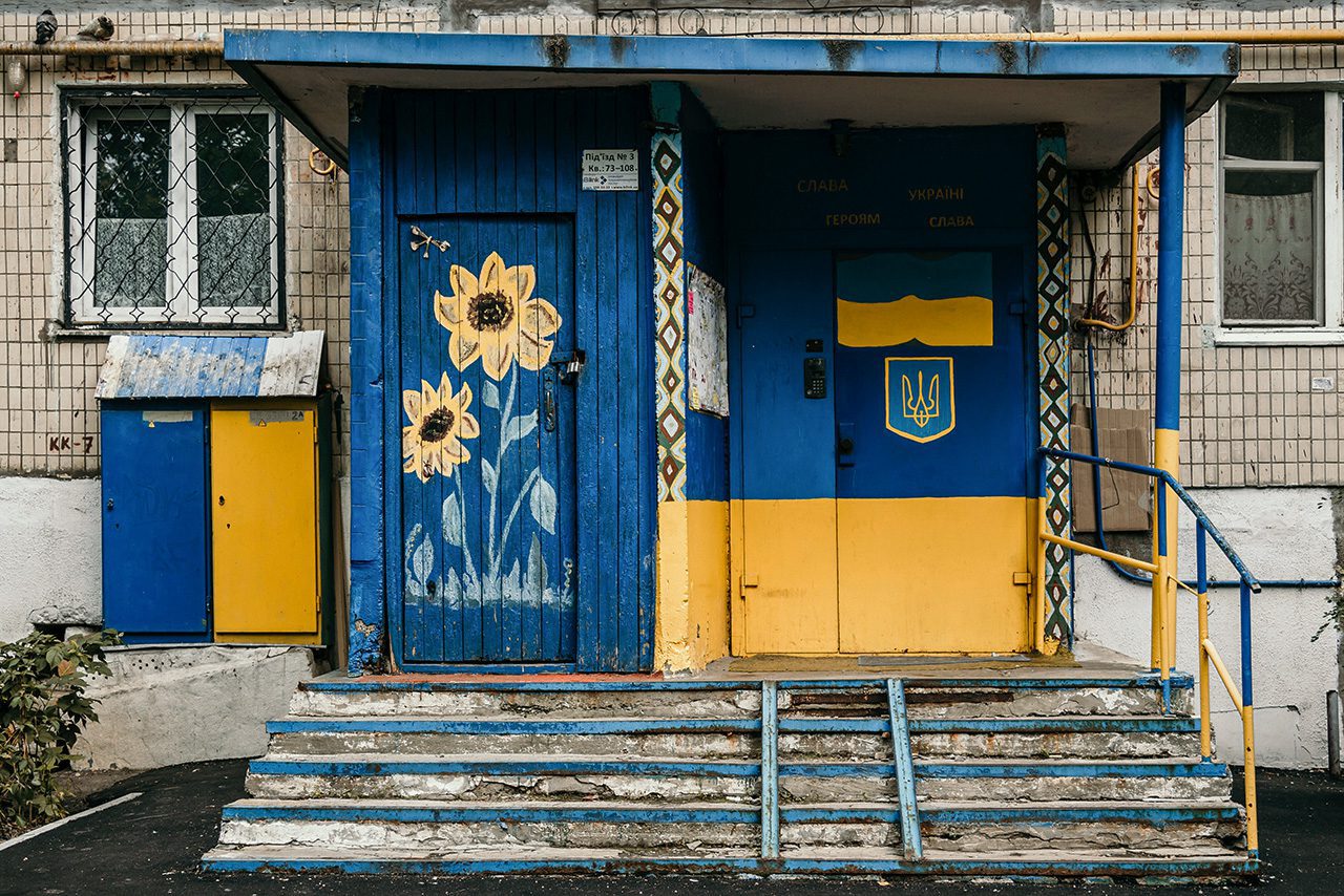 Sunflowers on door in Ukraine
