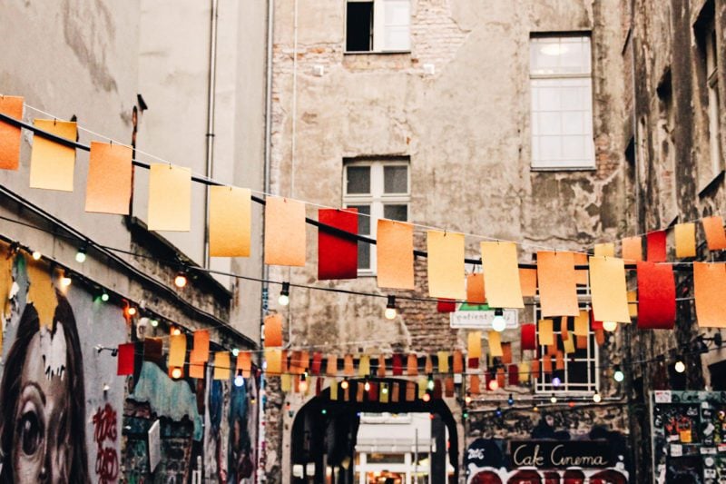 street with yellow and red banners