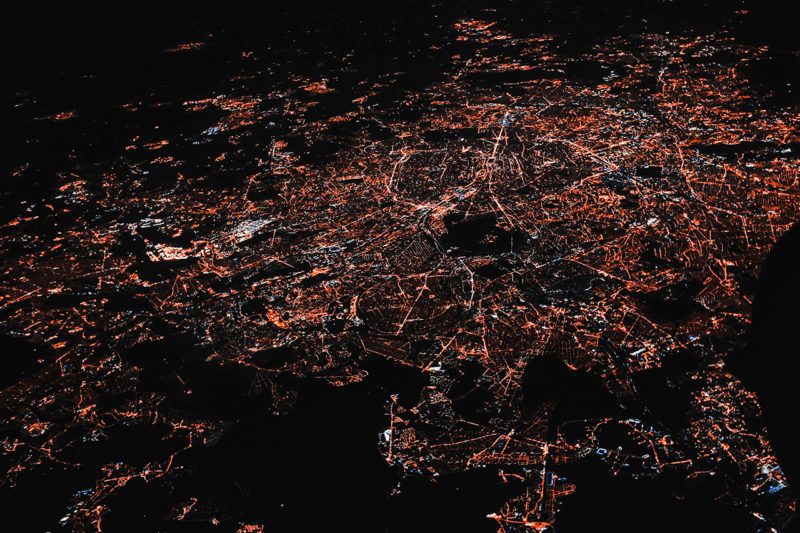 Landscape at night with lights from above