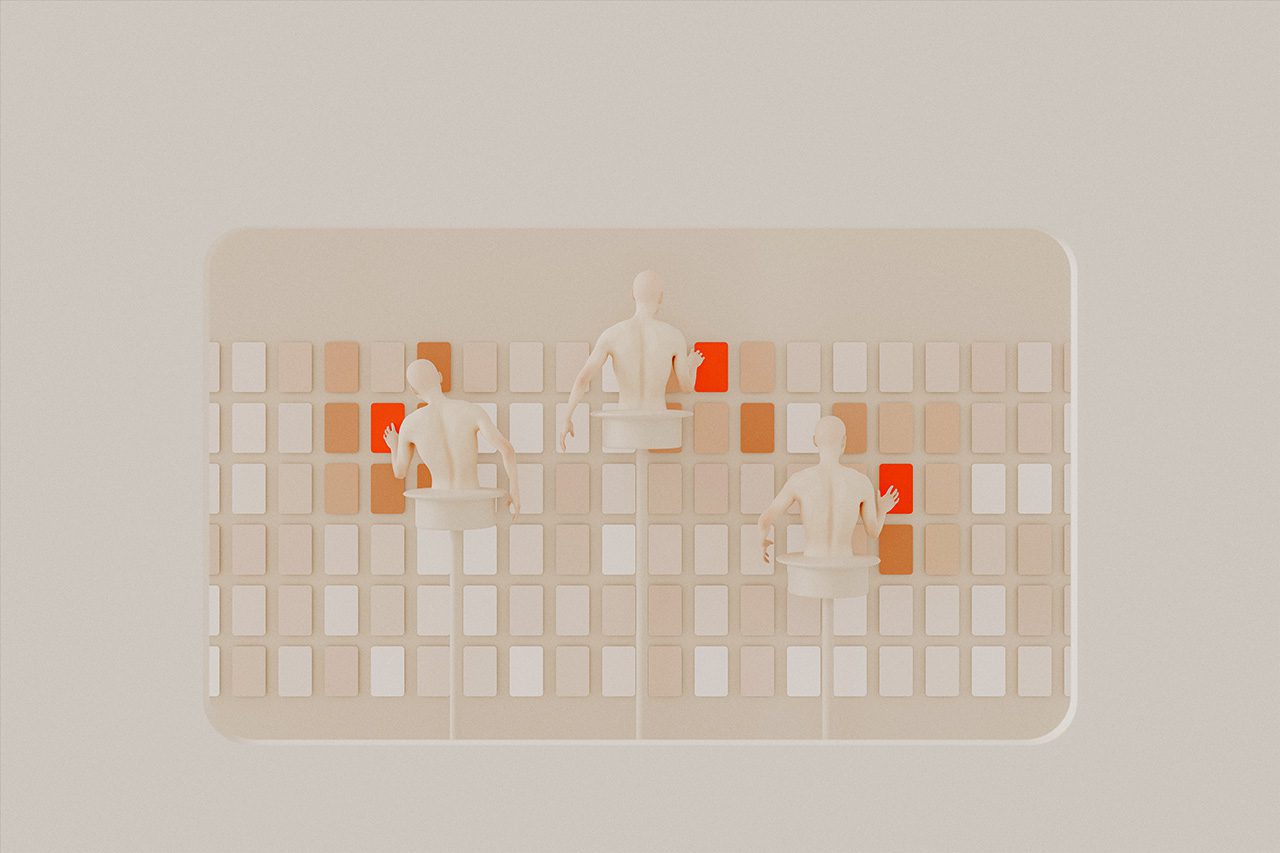 Human torsos pushing computer keyboard buttons