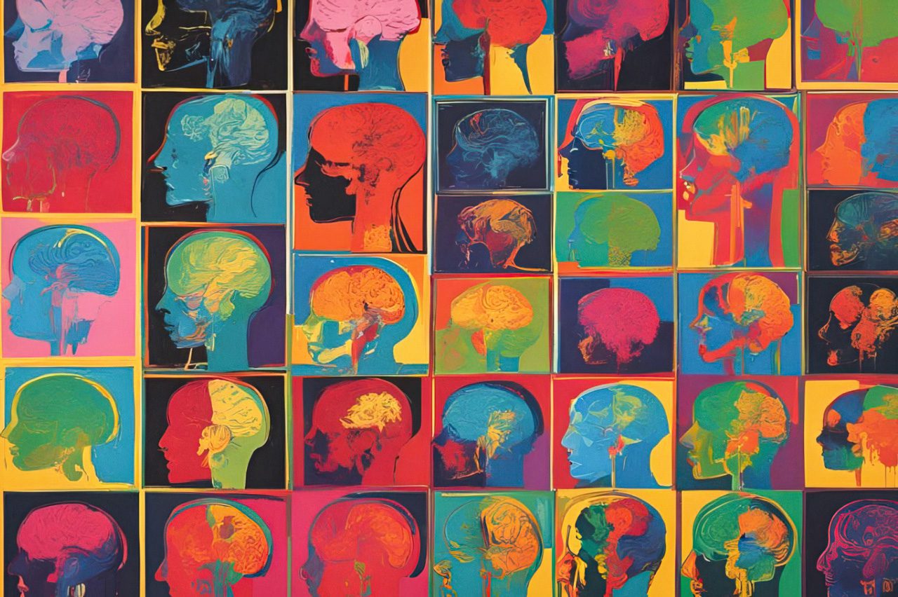 Colorful collage of human head x-rays
