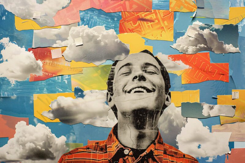 Male smiling amidst collage of clouds and colorful cutouts