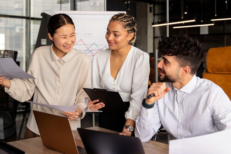 Office workers smiling
