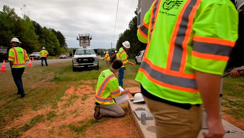 Construction crew at work installing fiber