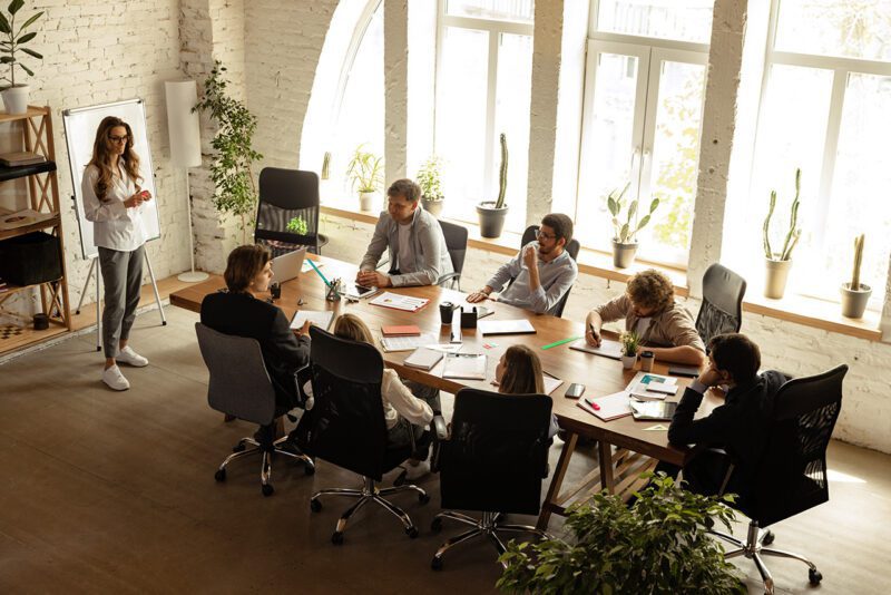Conference room with employees meeting