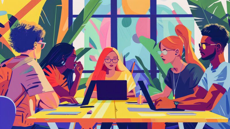 Colorful illustration of workers collaborating