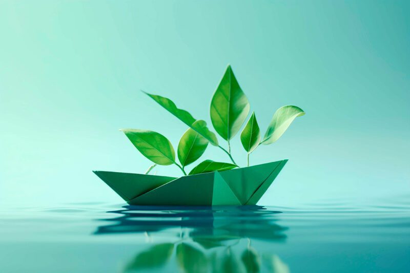 Paper boat with plant on water