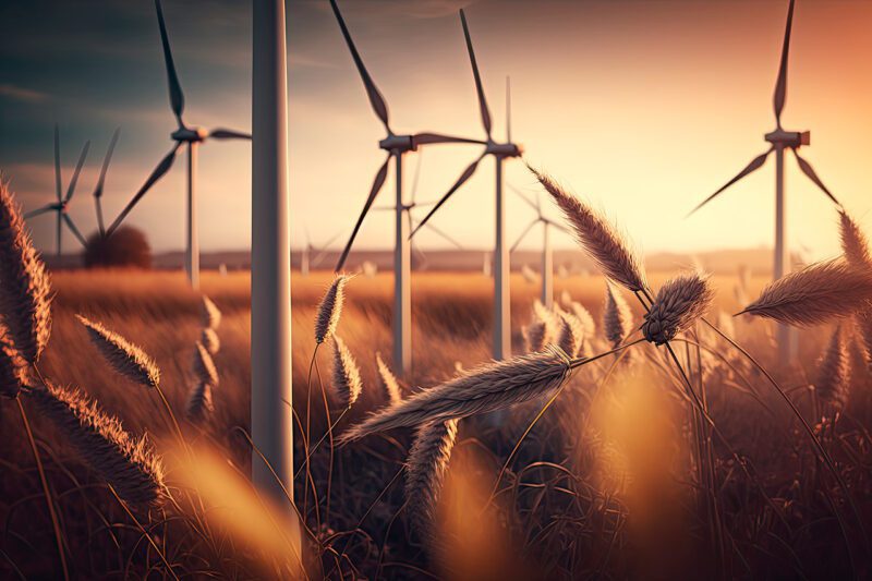 Illustration of windmills in a field