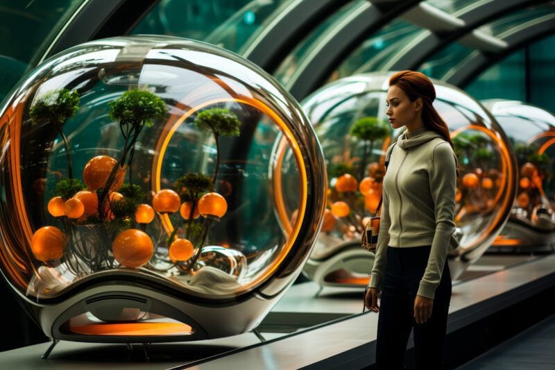 Woman with orange balls and technology