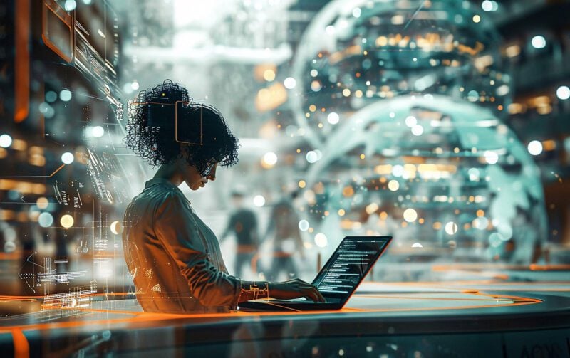 Female worker with laptop in front of tech background