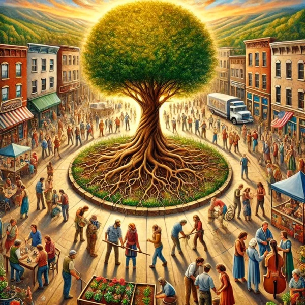 Friendly community scene with healthy three and people.