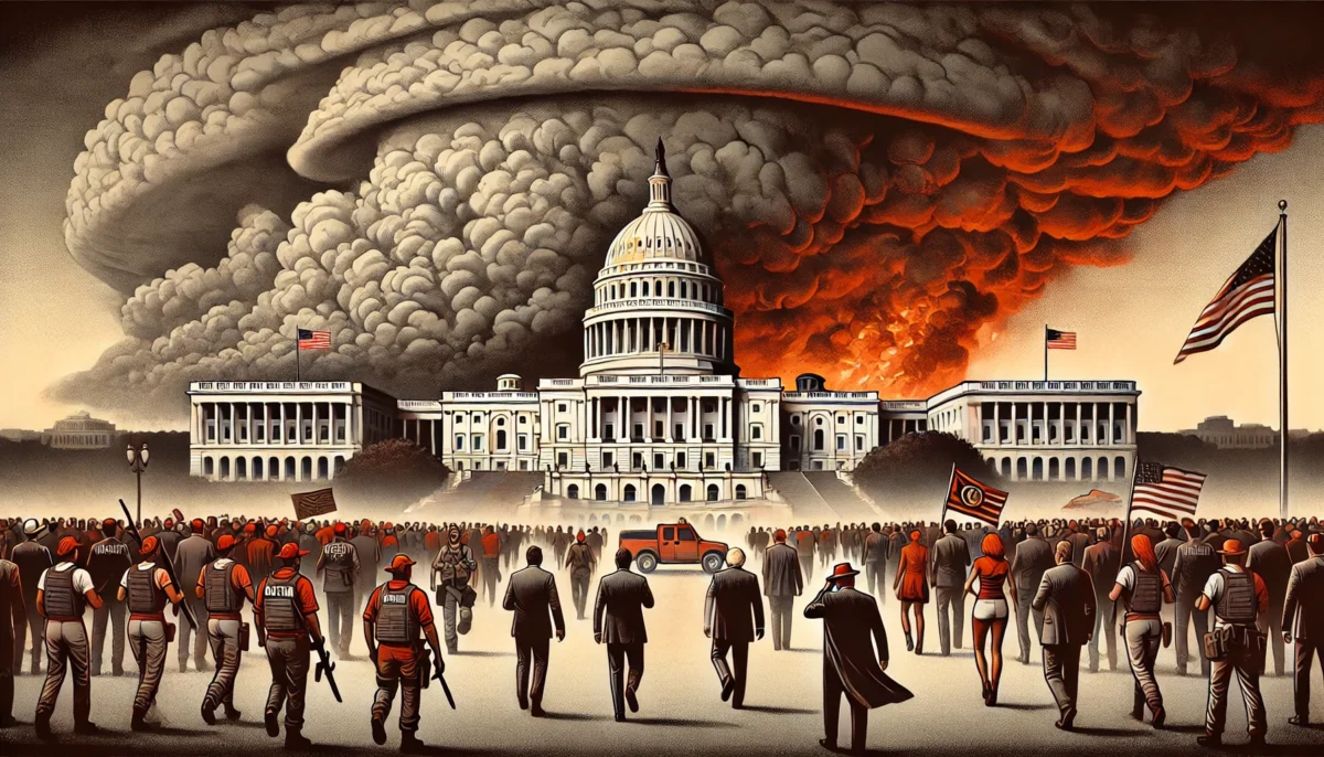 DALL·E 2025-01-20 09.46.03 - A horizontal illustration depicting a dramatic scene of storm clouds gathering around the United States Capitol building, symbolizing political turmoi