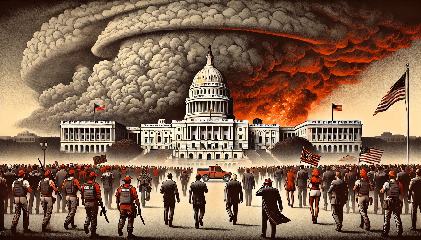 People walking toward the Capitol with storm clouds on the horizon
