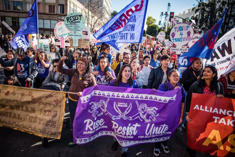 Protestors with banners