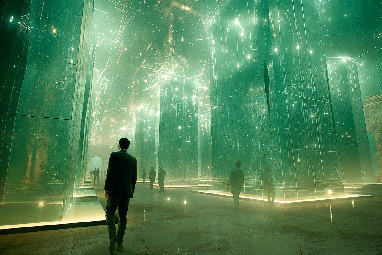 Humans walking through tech-infused city