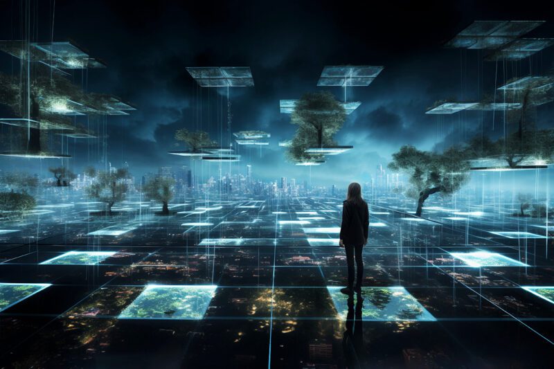 Woman standing in futuristic scene