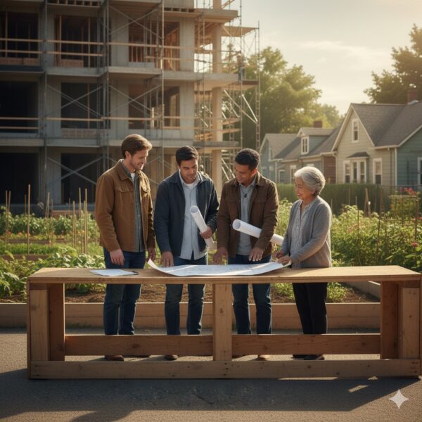 Four people at Affordable housing project