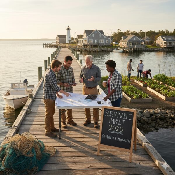 Four community members on dock working on community impact