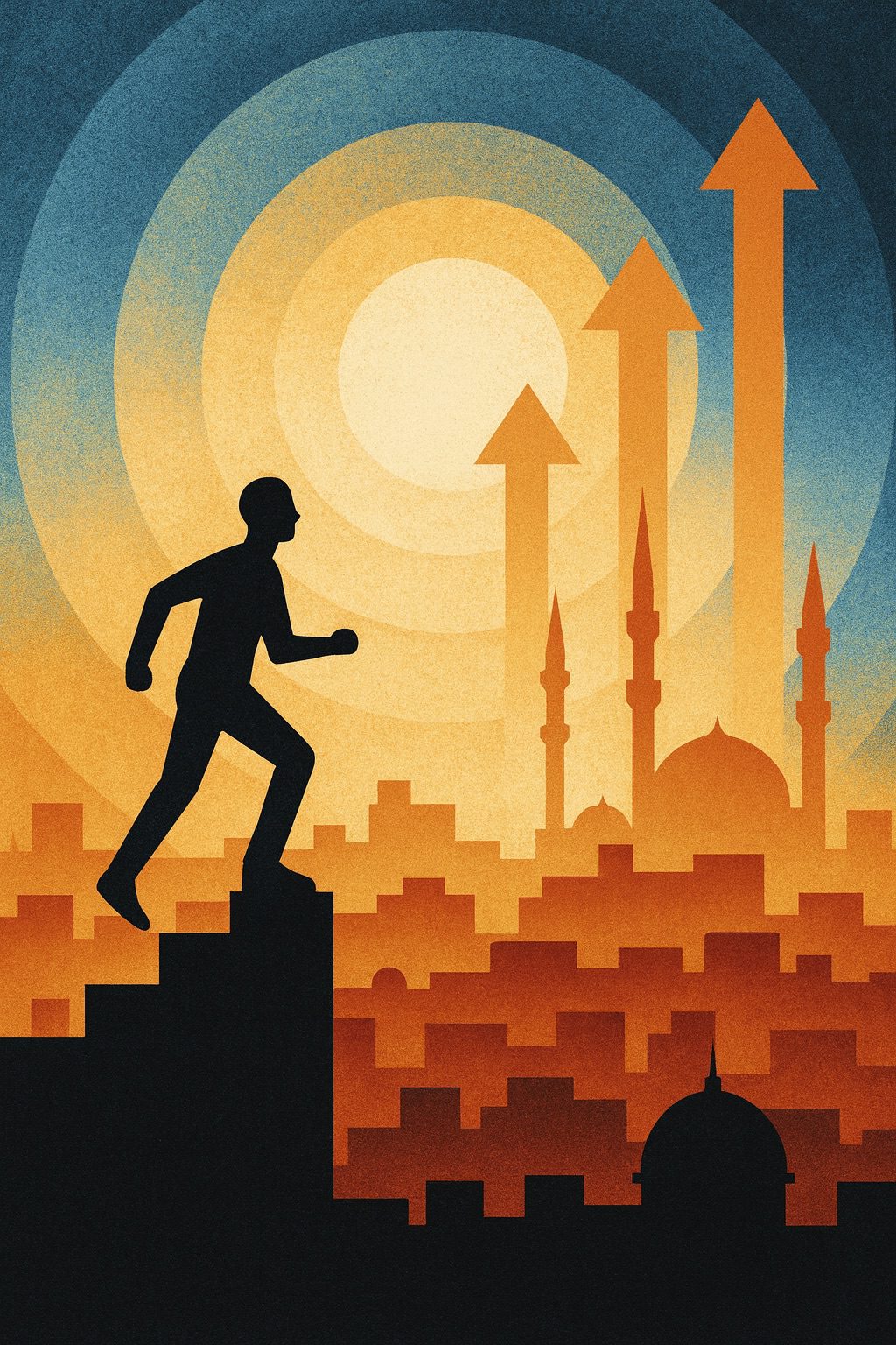 Placeholder image Human climbing stairs in front of Middle Eastern city graphic