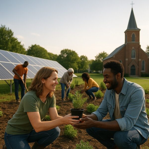 Smiling people working farming on chruch property