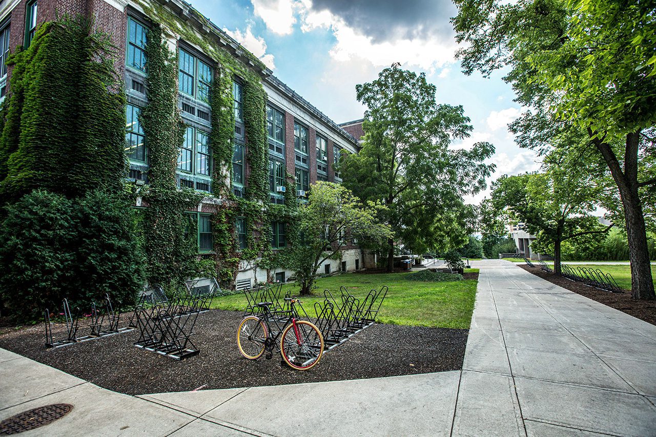 School building with sidewalk