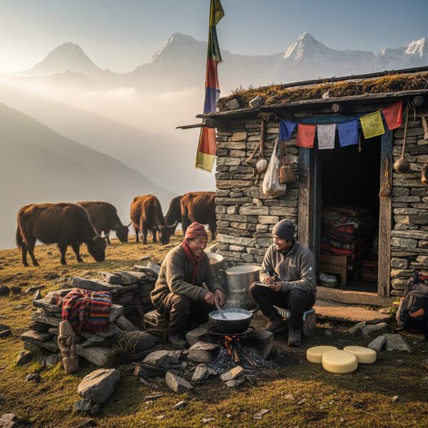 Nepali men sitting with cows and mountains in background