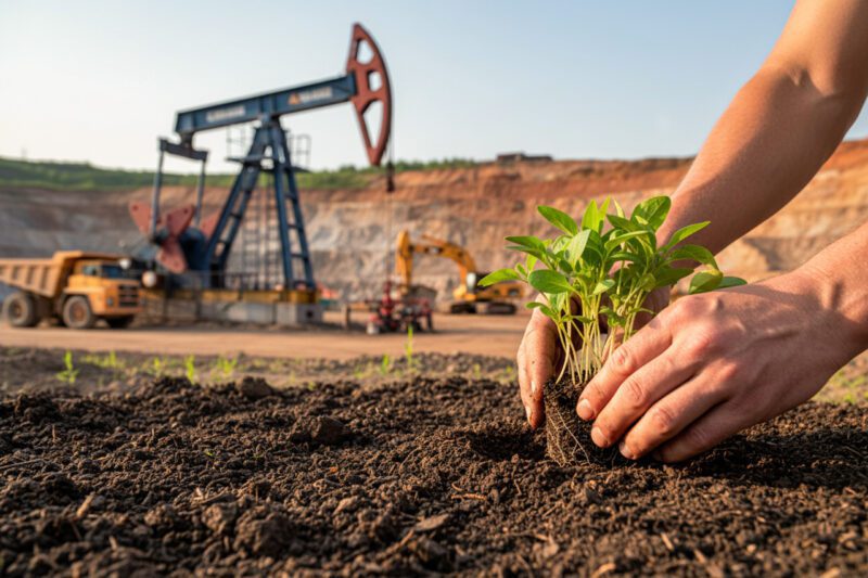 Hands planting seedling with drililng rig in background