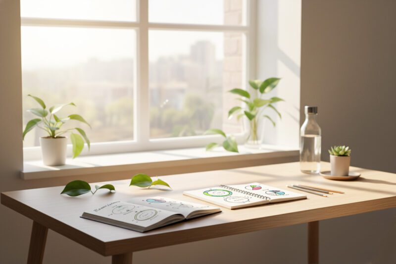 Graphics and plants on desk by window