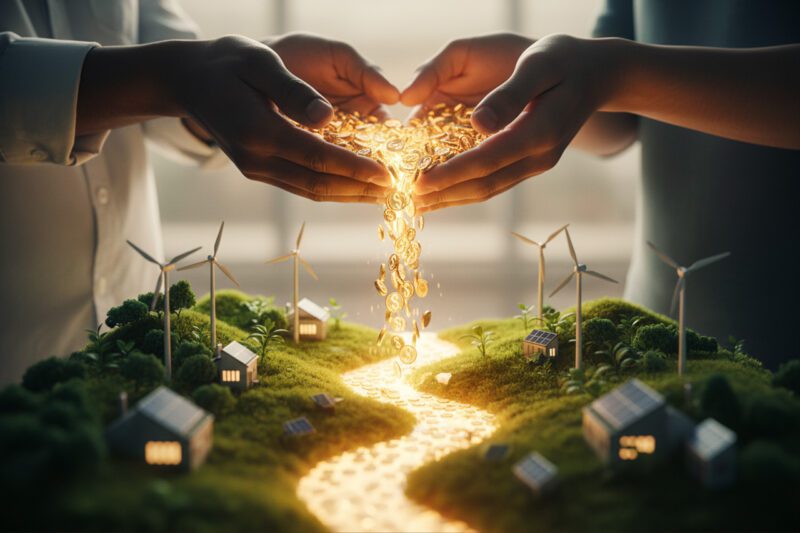 Hands dropping gold coins over vibrant river landscape