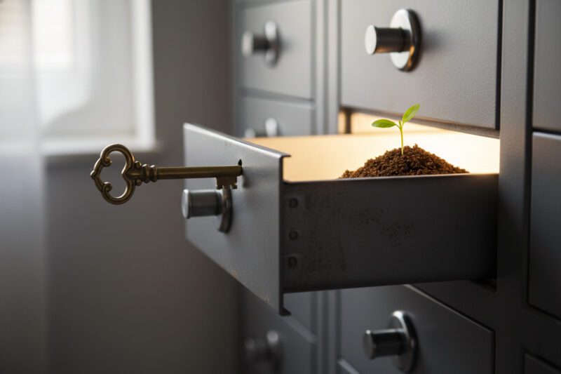 Seedling in in soil in drawer