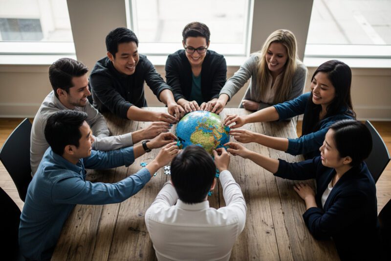 People around table holding globe