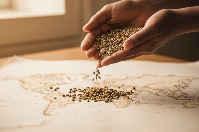 Hands spreading seeds on table