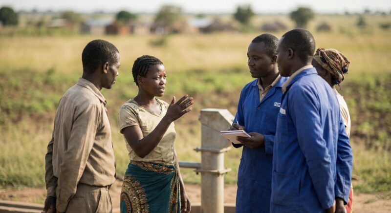 African woman and man talking to solar installers