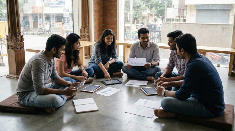 Indian professionals working while seated on floor