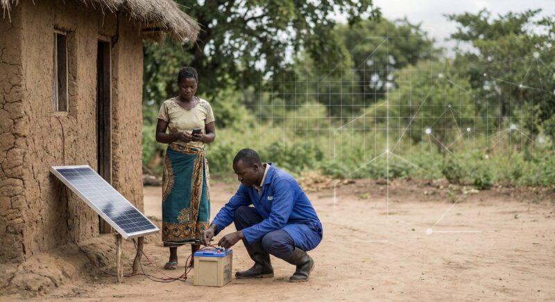African man and woman outside house with solar panel