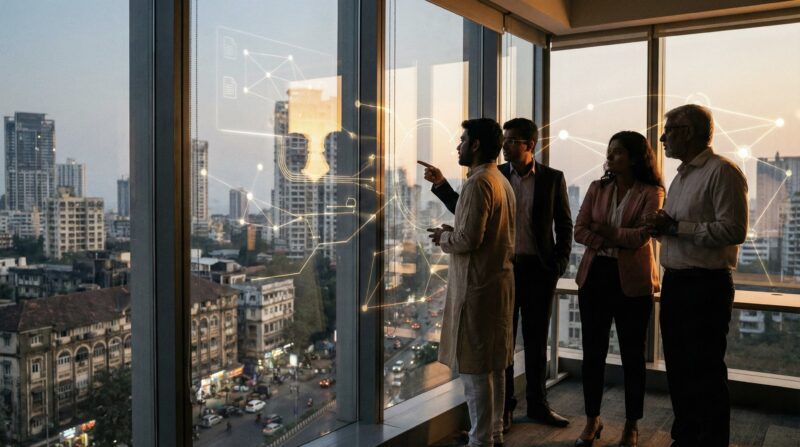 Indian professionals looking out office windows at cityscape