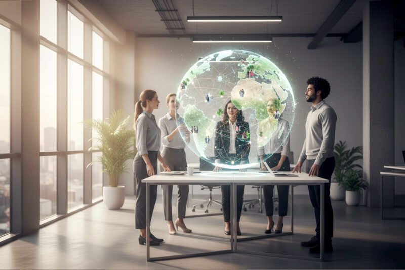 Three professionals in conference room with virtual globe