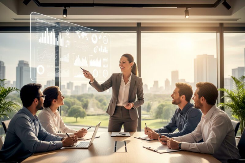 Woman professional making presentation to group in conference room