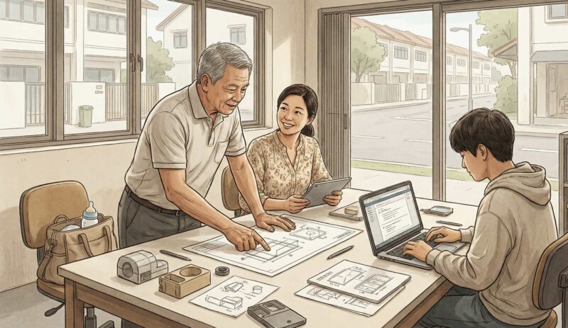 Older Singapore man with younger woman and boy working at table