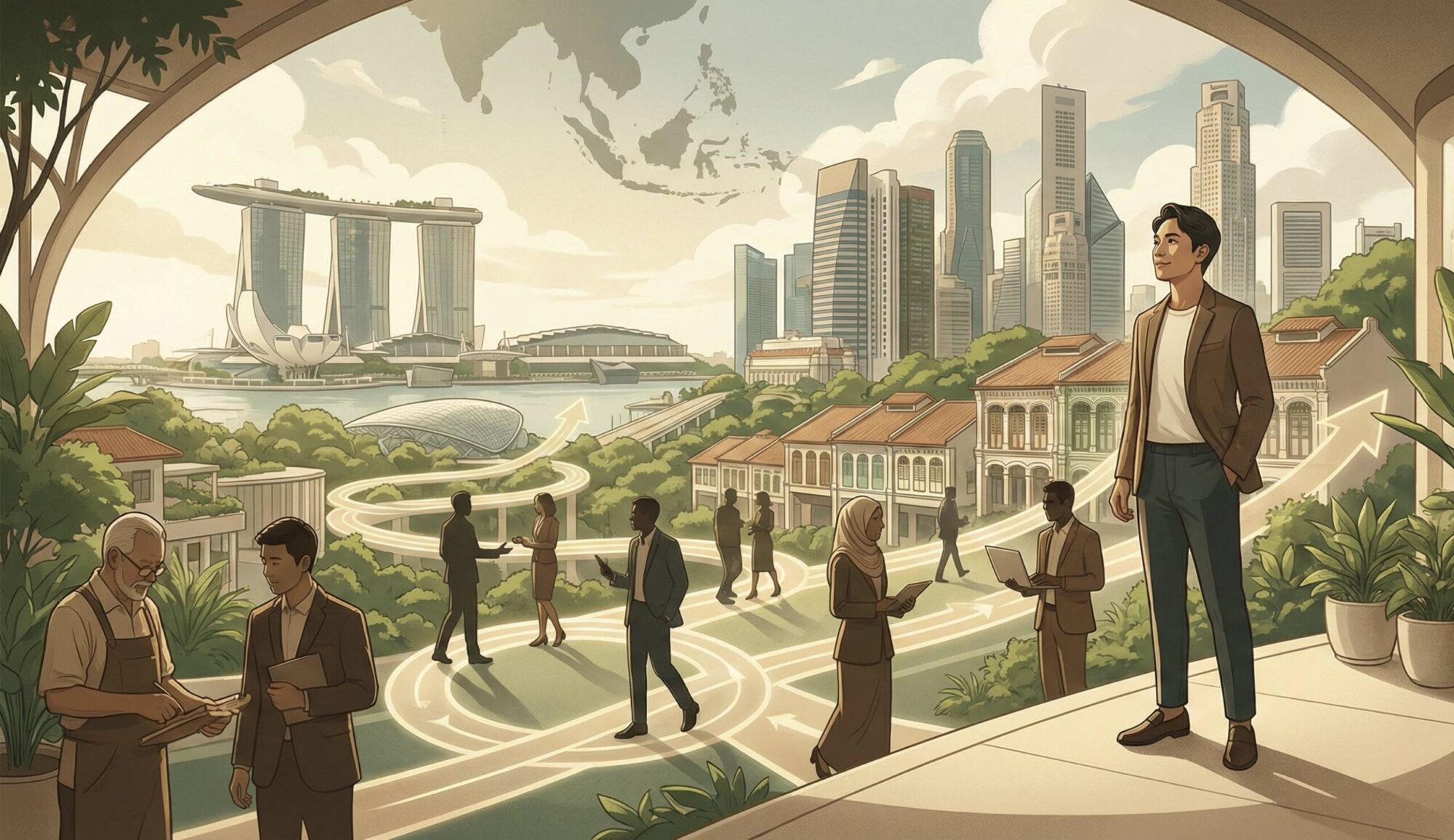Illustration of Singapore residents and cityscape