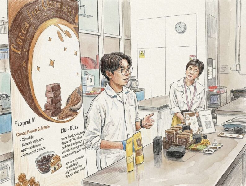 Illustration of Asian workers selling chocolate