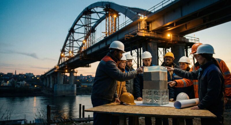 Workers under bridge