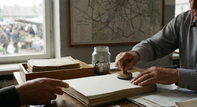 Hand stamping paperwork in office