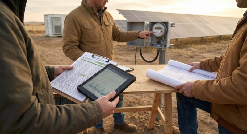 People with paperwork and handheld tablet in front of solar panels in Africa