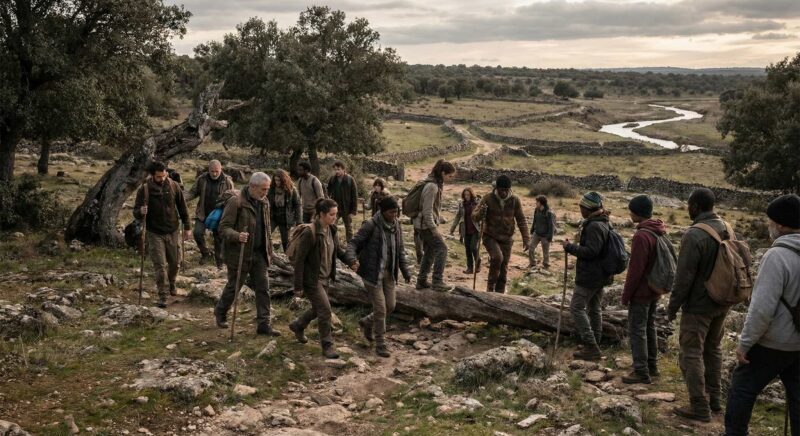 a diverse group of people walking together across uneven terrain