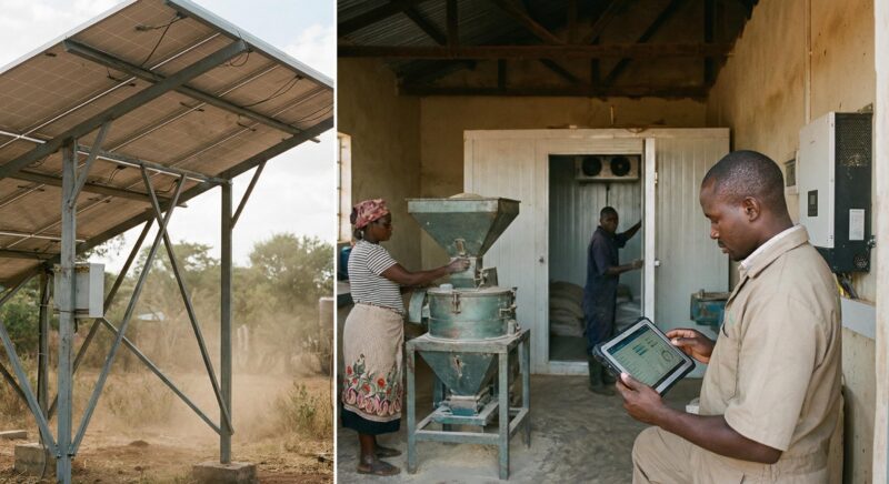 Split screen image of solar panel and Africans at work