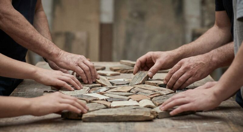 Hands putting together stone puzzle pieces