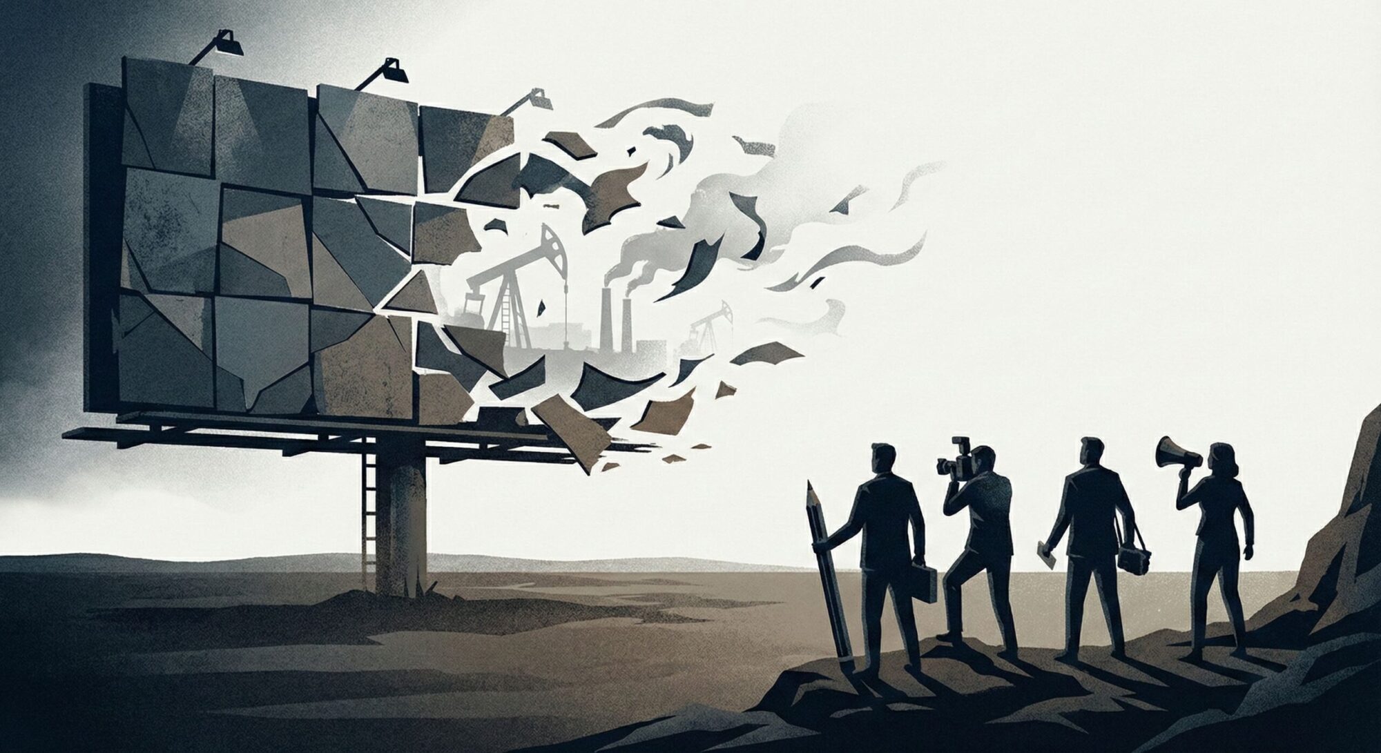 Graphic of media professionals in front of exploding billboard