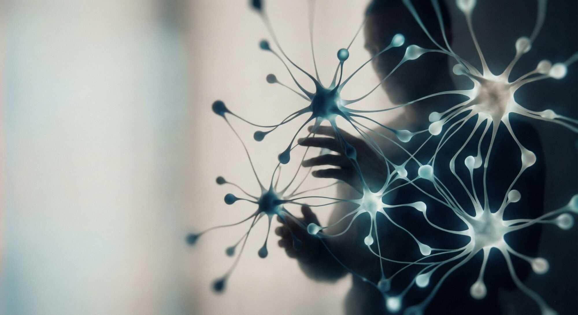 Man manipulating octopus-like connections on virtual screen