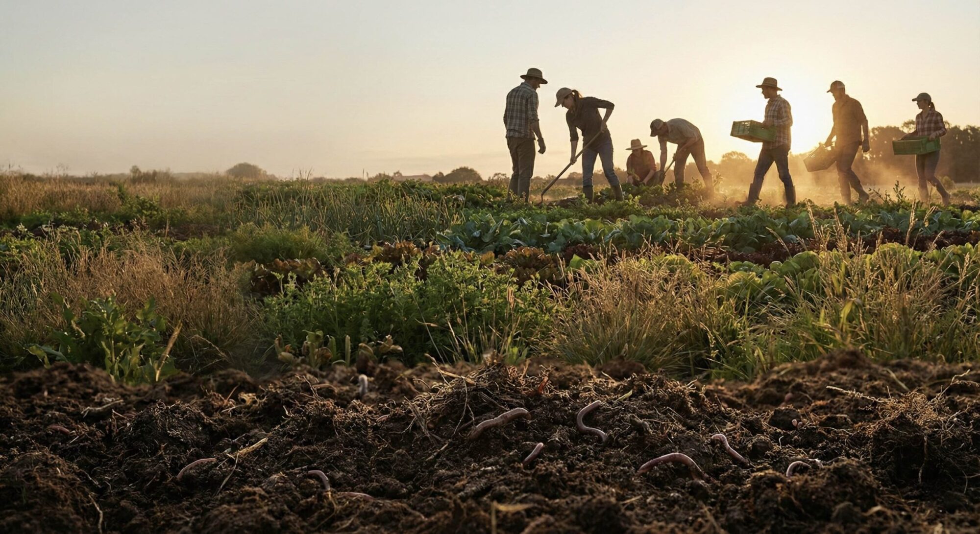 Farmers tilling soil and working field